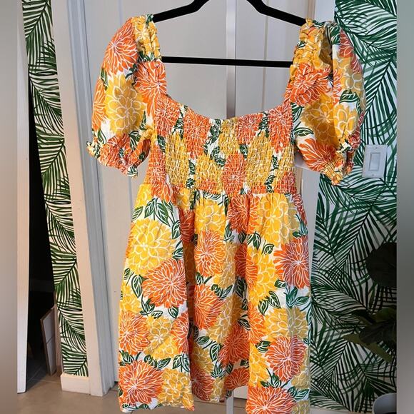 NWT House of Harlow 1960 Tropical Print Linen Puff Sleeve Babydoll Mini Dress - Picture 2 of 13